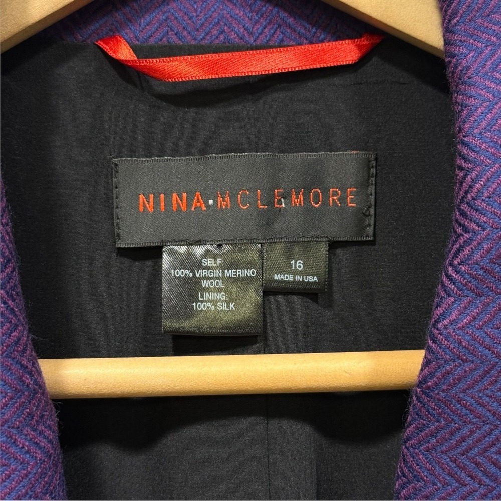 Nina McLemore Purple Herringbone Virgin Merino Wool Silk Lined Blazer Size 16 - Picture 3 of 9